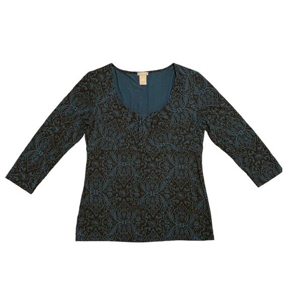 Ann Taylor Scoop Neck Top Size Medium Black Teal Floral Pattern 3/4 Sleeves - Picture 5 of 8